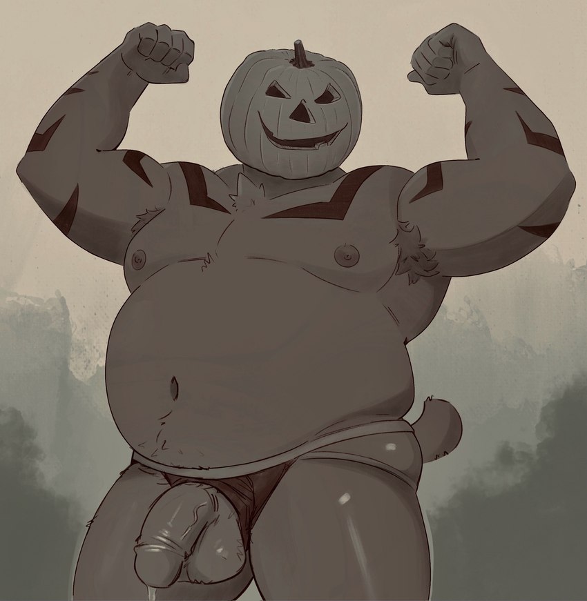 anthro armpit_hair balls belly belly_hair biceps big_belly bodily_fluids body_hair butt chest_tuft clothed clothing clothing_aside dripping fist flaccid flexing flexing_bicep flexing_both_biceps food for_a_head fruit genital_fluids genitals holidays jack-o'-lantern jockstrap jockstrap_aside jockstrap_only male manly moobs musclegut muscular navel nipples overweight penis plant precum precum_drip pumpkin pumpkin_head pumpkin_mask solo standing striped_body stripes topless tuft underwear underwear_aside underwear_only vein veiny_penis zcdartz halloween bear mammal object_head 2024 hi_res