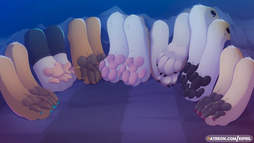 ambiguous_gender anthro barefoot bedding black_pawpads black_paws blanket blue_background blue_nails blue_toenails brown_pawpads brown_paws claws colored_nails countershade_feet countershading digit_ring faceless_character feet foot_focus fur group jewelry nails pawpads paws pink_pawpads pink_paws purple_nails purple_toenails ring simple_background soles text toe_ring toeless_legwear toenails toes white_body white_fur eipril chet_(eipril) kate_(eipril) yue_(eipril) cheetah felid feline mammal mustelid musteline stoat true_musteline unknown_species weasel 16:9 absurd_res character_request digital_media_(artwork) hi_res url widescreen