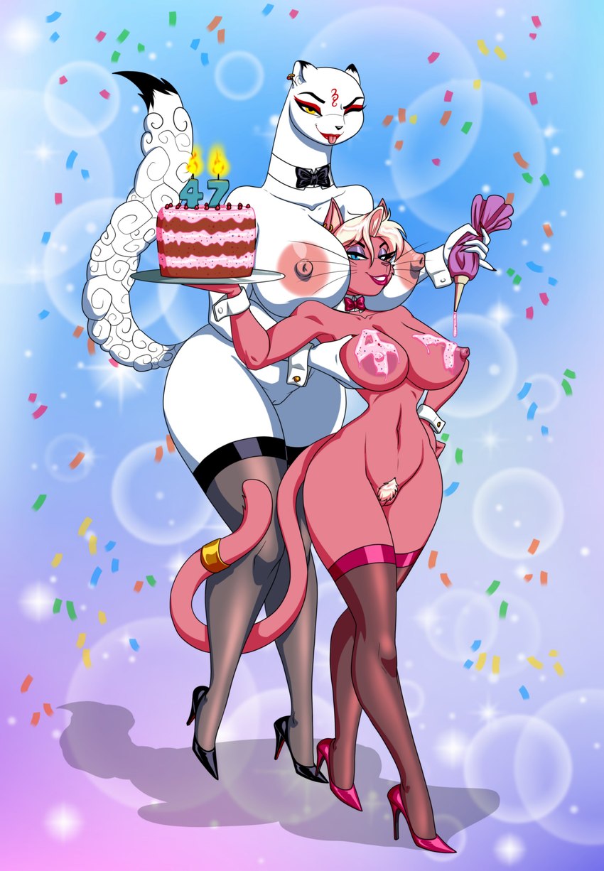 accessory anthro big_breasts birthday_cake birthday_candle blonde_hair blowing_raspberries blue_eyes bow_tie breasts cake clothing confetti cuff_(restraint) dessert duo ear_piercing ear_ring female female/female food footwear footwear_only frosting_on_breasts furgonomics genitals hair hand_on_hip high_heels holding_breast holding_cake holding_food holding_object jewelry legwear looking_at_viewer mostly_nude nude one_eye_closed piercing pubes pussy restraints ring_piercing shoes size_difference small_waist stockings tail tail_accessory tail_jewelry whiskers wide_hips wink wrist_cuffs yellow_eyes crovirus asian_mythology east_asian_mythology japanese_mythology mythology keiko_tachibana tina_(eltonpot) domestic_cat felid feline felis kamaitachi mammal mustelid yokai 2023 absurd_res hi_res