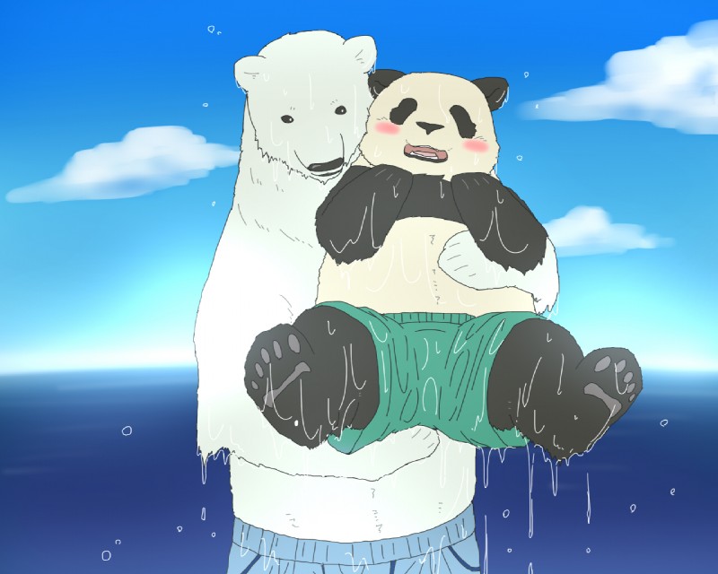 belly black_nose blush clothing duo male overweight overweight_male swimwear water wet kumao mohumohuotou okatana privateotou shirokuma_cafe panda-kun shirokuma bear giant_panda mammal polar_bear ursine 5:4