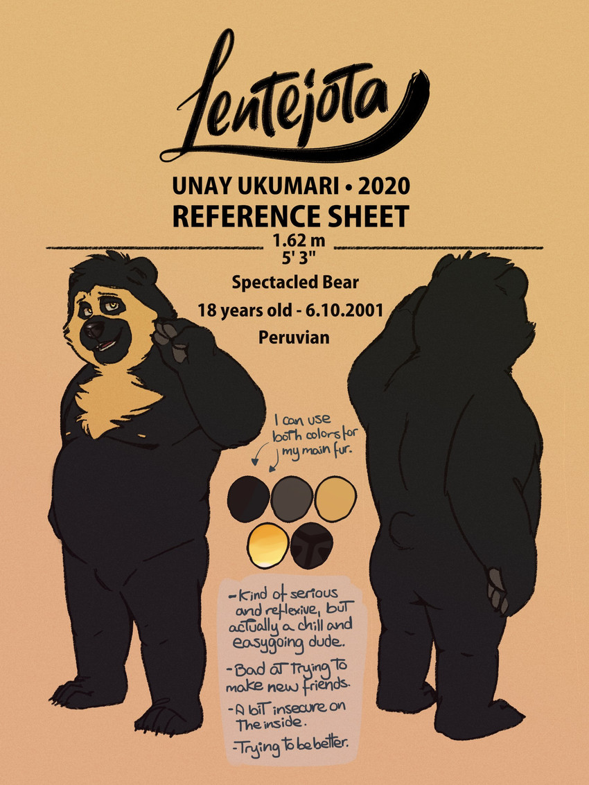 anthro belly black_body black_fur black_nose butt fur male moobs nipples overweight overweight_anthro overweight_male simple_background solo text lentejota6 bear mammal short-faced_bear spectacled_bear 3:4 absurd_res english_text hi_res model_sheet