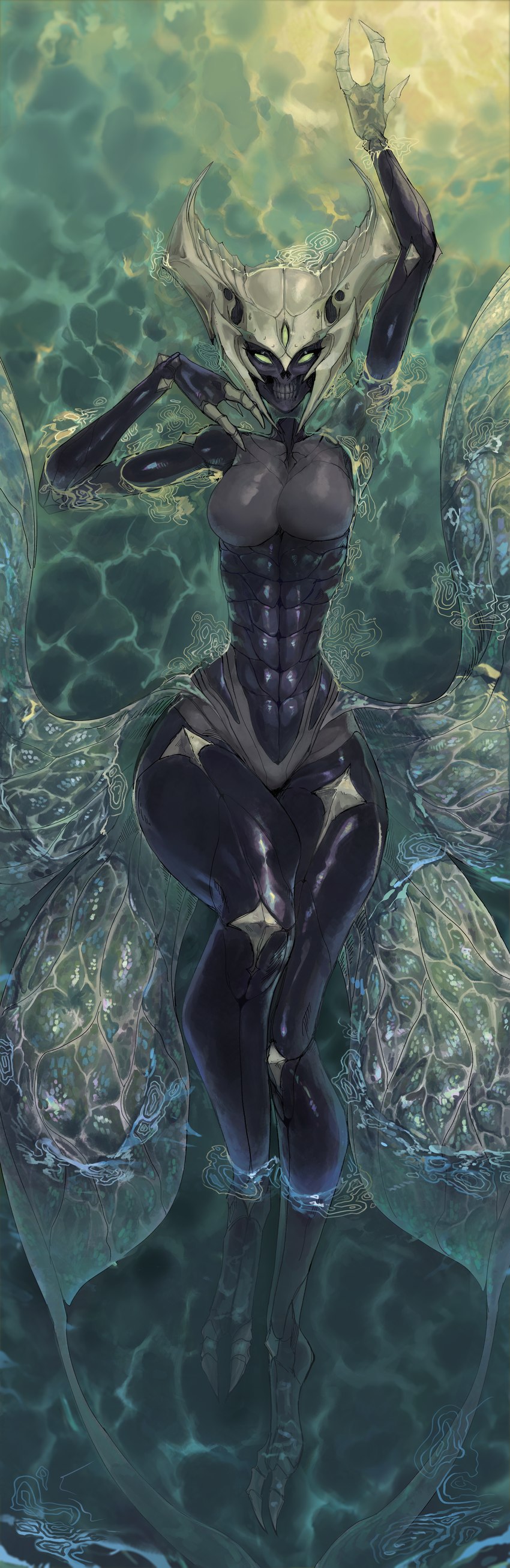 2_toes 3_eyes 3_fingers breasts dakimakura featureless_breasts feet fingers front_view glowing glowing_eyes looking_at_viewer multi_eye nude solo toes water wings exobelos destiny_(video_game) destiny_2 dul_incaru absurd_res dakimakura_design hi_res huge_filesize