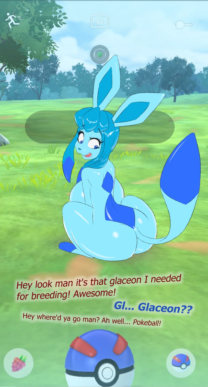 after_transformation anthro big_breasts big_butt biped breasts butt dialogue eyelashes female gender_transformation implied_transformation looking_back nude open_mouth pupils solo text thick_thighs transformation bendzz nintendo pokemon eeveelution generation_4_pokemon glaceon pokemon_(species) absurd_res english_text hi_res