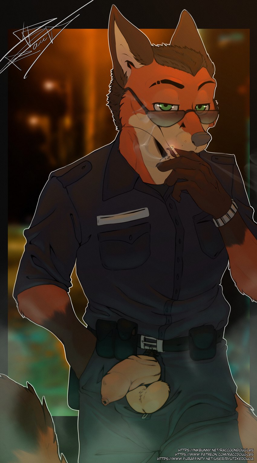 anthro balls brown_hair cigarette claws clothed clothing countershade_face countershade_fur countershading eyewear fingers foreskin fur genitals green_eyes hair humanoid_genitalia humanoid_penis looking_at_viewer male orange_body orange_fur penis smoking solo sunglasses tail raccoondouglas disney zootopia nick_wilde canid canine fox mammal red_fox true_fox absurd_res hi_res