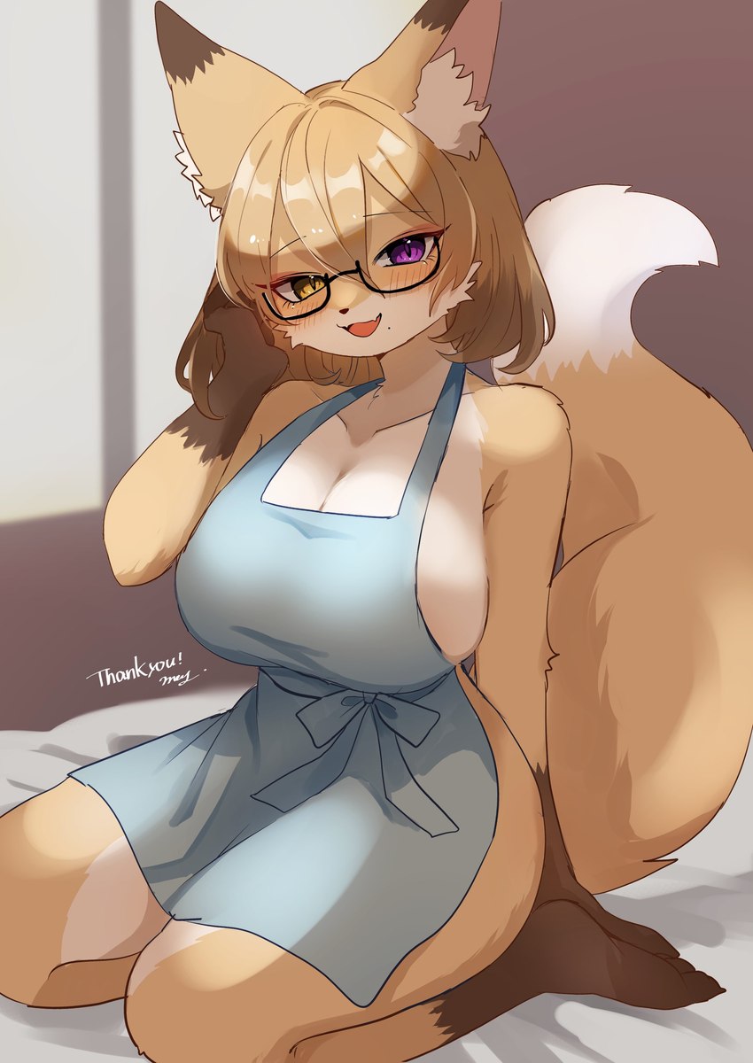 anthro apron apron_only arm_support bed big_breasts biped black_eyewear blonde_hair blue_apron blue_clothing blush bob_cut bow_apron breasts cleavage clothed clothing clothing_bow collarbone countershading dipstick_ears dipstick_tail ear_markings eyewear feet female flesh_fang fluffy fluffy_tail fur furniture glasses hair heterochromia huge_breasts inner_ear_fluff kemono leg_markings looking_at_viewer markings mole_(marking) multicolored_ears on_bed open_mouth purple_eyes raised_tail seductive sitting socks_(marking) solo tail tail_markings text thick_thighs touching_hair tuft white_body white_fur window yellow_body yellow_eyes yellow_fur 115meg canid canine fox mammal absurd_res artist_name english_text hi_res signature