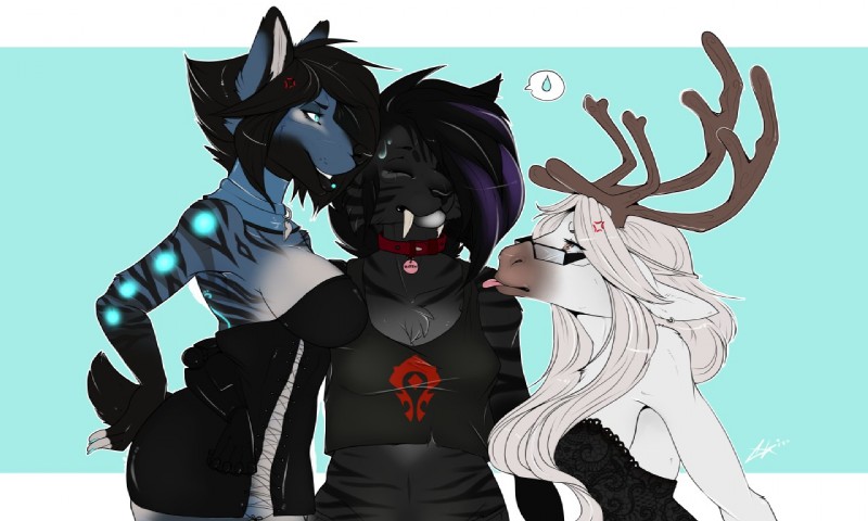 anthro antlers breasts chest_tuft clothed clothing collar eyes_closed eyewear fangs female femboy glasses group half-closed_eyes horn male narrowed_eyes simple_background teeth tongue tongue_out tuft dotsfa canid canine deer felid mammal new_world_deer reindeer 2015 5:3