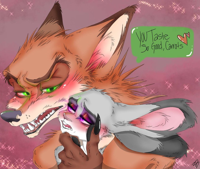 anthro blush bodily_fluids duo eye_contact female green_eyes half-closed_eyes heart_symbol larger_male looking_at_another male narrowed_eyes open_mouth purple_eyes saliva saliva_string seductive size_difference smaller_female teeth text rarewhoroastbeast_(artist) disney zootopia judy_hopps nick_wilde canid canine fox lagomorph leporid mammal rabbit red_fox true_fox 2022 english_text hi_res signature