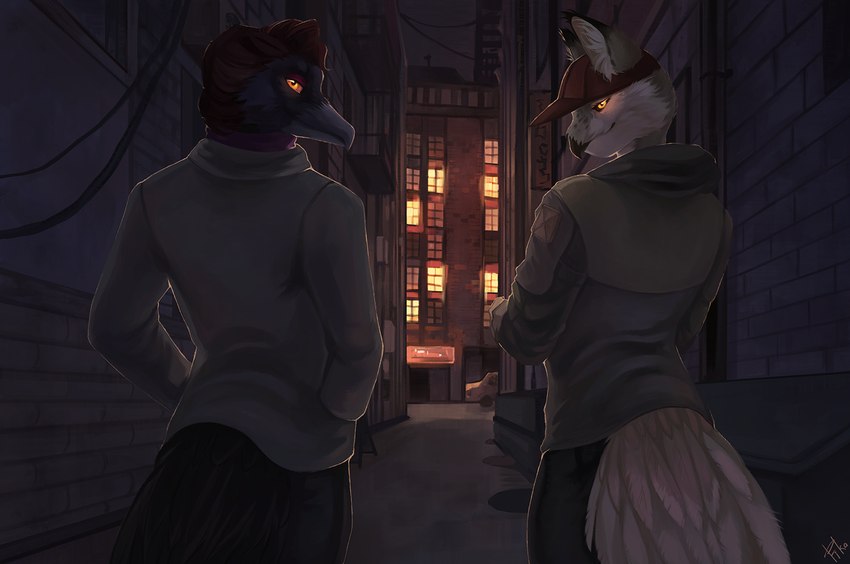 anthro city clothing duo feathers female full_render male male/female multicolored_body night smile fikanori avian bird digital_drawing_(artwork) digital_media_(artwork) half-length_portrait painting_(artwork) portrait watermark