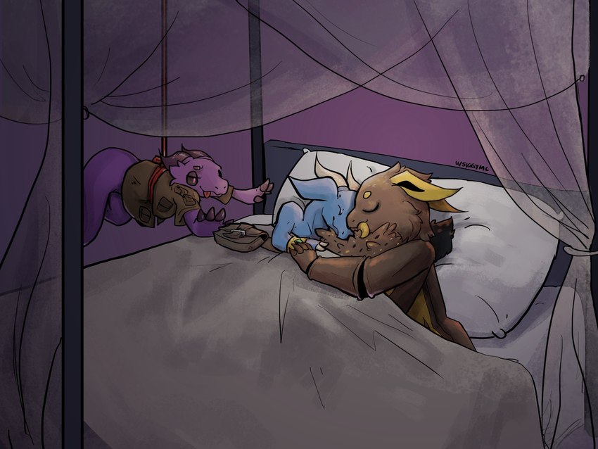 ambiguous_gender antennae_(anatomy) anthro bed bed_covers bedding bedroom black_sclera blanket blue_body blue_scales bottomless bracelet brown_body brown_chitin brown_fur clothed clothing cuddling exoskeleton eyes_closed fur furniture gold_(metal) gold_jewelry group horn jacket jewelry neck_tuft pillow purple_background purple_body purple_scales satchel scales simple_background sleeping sneaking stealing topless topwear trio tuft siggymc arthropod insect kobold lepidopteran lizard moth reptile scalie hi_res