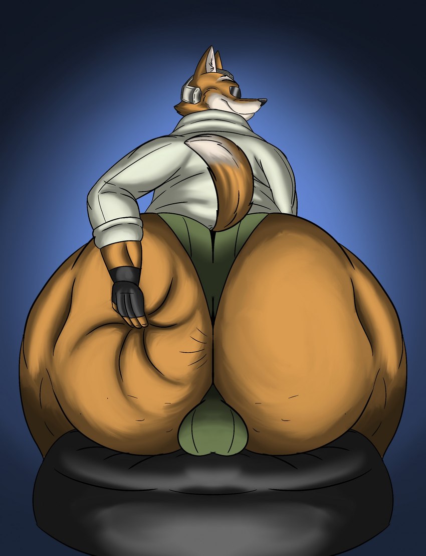 anthro balls_outline big_butt bulge butt butt_focus clothed clothing detailed_bulge genital_outline hand_on_butt huge_butt looking_back male partially_clothed presenting presenting_hindquarters sitting solo thick_thighs sunflower_fox nintendo star_fox james_mccloud canid canine fox mammal hi_res