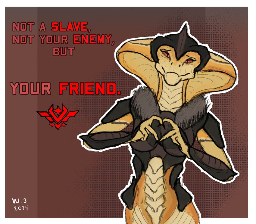 anthro apode armor female fingers gesture heart_gesture legless poster propaganda serpentine simple_background smile solo standing text warjenkins x-com draconcopode naga scalie viper_(x-com) 2025 digital_media_(artwork) english_text hi_res