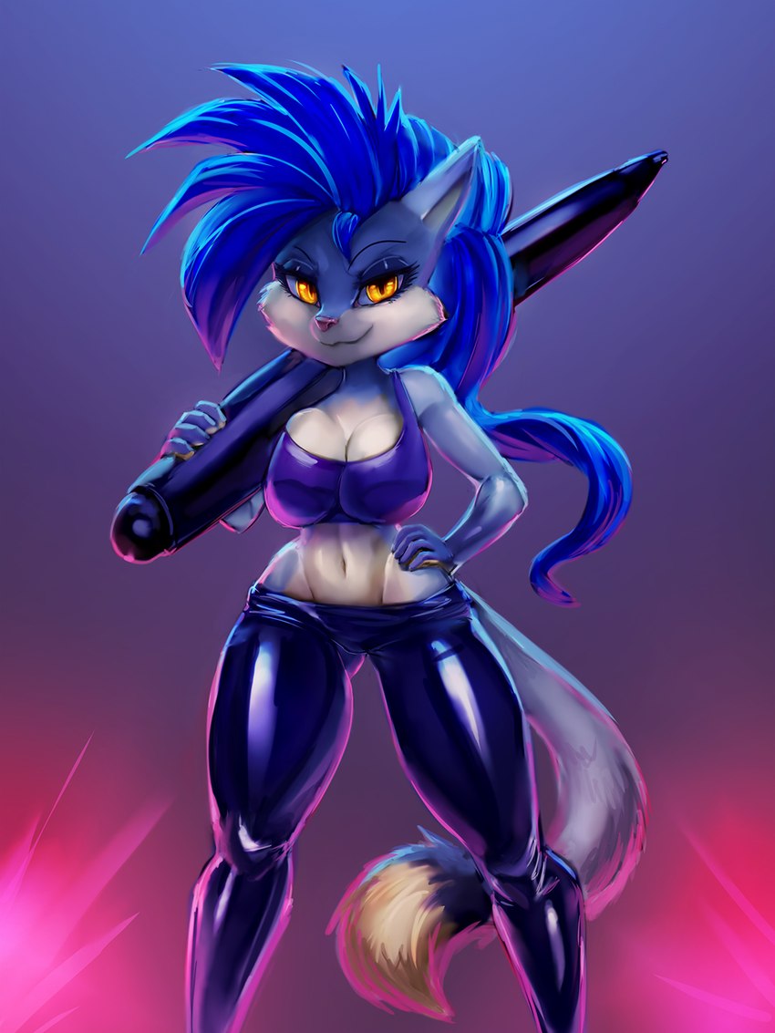 anthro blue_body blue_fur blue_hair bottomwear clothing countershading female fur hair hand_on_hip holding_object holding_pen latex latex_bottomwear latex_clothing latex_pants navel pants pen simple_background smile solo white_body white_countershading white_fur wide_hips yellow_eyes general-irrelevant canid canine fox mammal 3:4 digital_media_(artwork) hi_res