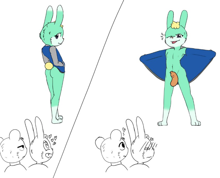 anthro blonde_hair butt clothing food group hair heart_symbol jacket male male/male meat pose sausage topwear trio animal_crossing nintendo claude_(animal_crossing) marshal_(animal_crossing) sasha_(animal_crossing) humanoid lagomorph leporid mammal rabbit rodent sciurid censored