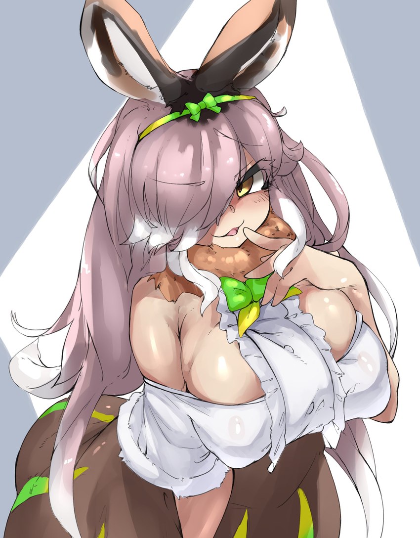 :3 accessory bare_shoulders big_breasts blush bottomwear breasts brown_eyes brown_hair clothed clothing female fur_collar hair hair_accessory hair_over_eye hairband high-angle_view multicolored_hair nipple_outline one_eye_obstructed open_mouth skirt solo white_hair urisaba kemono_friends european_hare_(kemono_friends) animal_humanoid hare_humanoid humanoid lagomorph lagomorph_humanoid leporid_humanoid mammal mammal_humanoid absurd_res hi_res