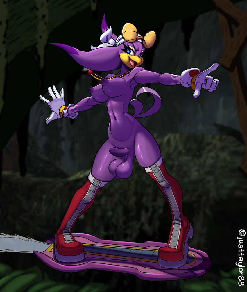 5_fingers anthro areola balls blue_eyes breasts crossgender eyelashes fingers ftg_crossgender fti_crossgender genitals gynomorph humanoid_genitalia humanoid_penis intersex looking_at_viewer navel nipples penis purple_balls purple_body purple_penis solo justtaylor sega sonic_riders sonic_the_hedgehog_(series) wave_the_swallow avian bird hirundinid oscine passerine swallow_(bird) 2024 digital_media_(artwork) hi_res