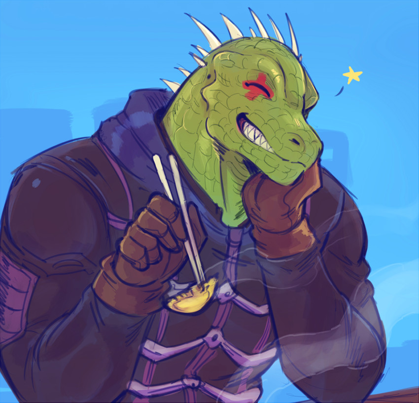 anthro chopsticks eating food for_a_head gyoza holding_chopsticks holding_object male one_eye_closed smile solo wink vhkansfweer dorohedoro kaiman_(dorohedoro) alligatorid animal_head caiman crocodile crocodilian humanoid lizard reptile scalie