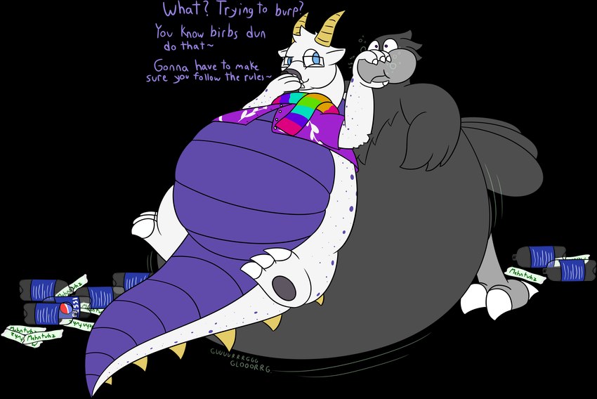 ambiguous_gender anthro beak beverage black_body black_fur bloated bubble burp_bubble burping dialogue drink_bottle eyewear fur glasses horn inflation motion_lines obese obese_ambiguous obese_anthro overweight overweight_ambiguous overweight_anthro plastic_bottle purple_text rumbling_stomach scarf simple_background soda soda_inflation swelling teasing text transparent_background bloatable final_fantasy mentos mythology pepsi square_enix dustin_dreen gysahl_(bloatable) avian chocobo dragon mythological_creature mythological_scalie scalie alpha_channel hi_res