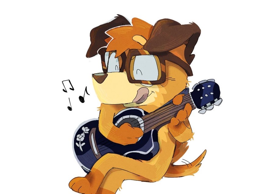 acoustic_guitar anthro dipstick_ears dipstick_limbs dipstick_tail ear_markings eyes_closed eyewear fur glasses guitar happy head_tuft male markings multicolored_body multicolored_ears multicolored_fur musical_instrument musical_note musical_symbol paws playing_music plucked_string_instrument simple_background sitting smile solo string_instrument symbol tail tail_markings tail_motion tail_tuft tailwag tongue tongue_out tuft tufted_fur white_background ponggorii bluey_(series) busker_(bluey) joff_bush canid canine canis domestic_dog irish_terrier mammal 2022 4:3 digital_media_(artwork)