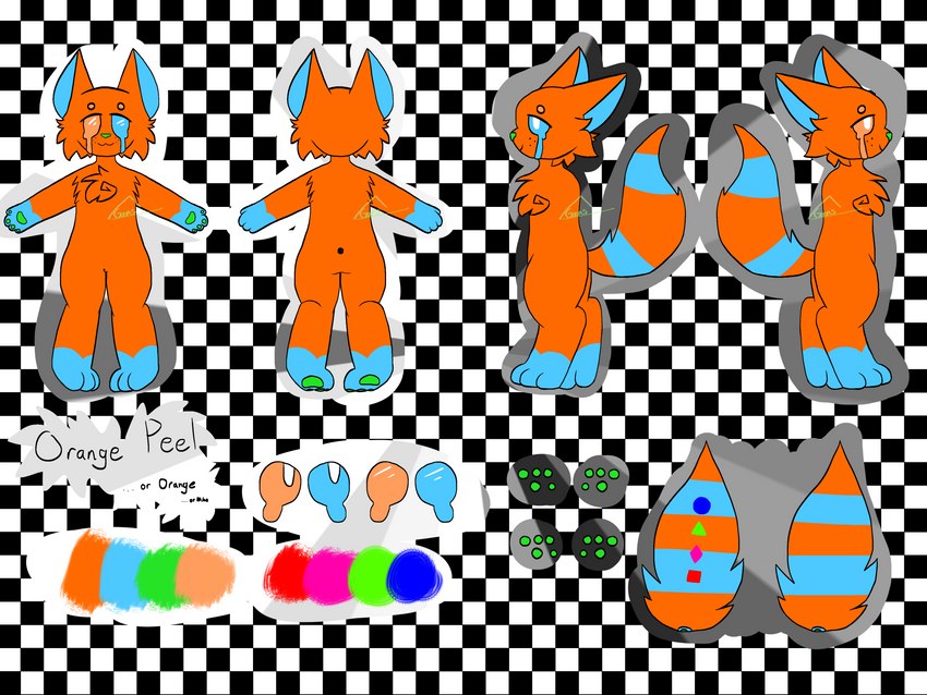 anthro blue_body blue_eyes blue_fur cheek_tuft facial_tuft fluffy fluffy_chest fluffy_tail fur heterochromia orange_body orange_eyes orange_fur shapes solo tail tuft epilepsy_warning goonis orange_peel_(goonis) unknown_species 4:3 absurd_res hi_res model_sheet