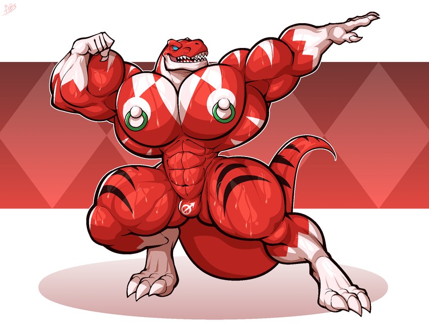 anthro big_muscles big_pecs bodily_fluids feet flexing flexing_bicep huge_muscles huge_pecs hyper hyper_muscles hyper_pecs male muscular muscular_anthro muscular_male muscular_thighs nipple_piercing nipple_ring nipples null_bulge pecs piercing red_body ring_piercing solo sweat bobthetanuki mighty_morphin_power_rangers power_rangers jason_lee_scott red_ranger dinosaur prehistoric_species reptile scalie theropod tyrannosaurid tyrannosauroid tyrannosaurus tyrannosaurus_rex hi_res