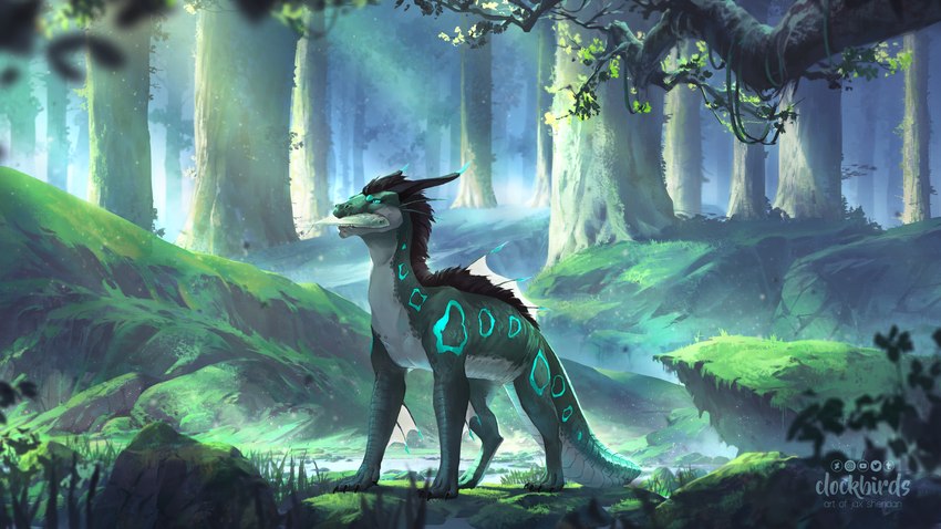 ambiguous_gender day detailed_background feral forest grass horn outside plant solo tail tree clockbirds mythology dragon mythological_creature mythological_scalie scalie wingless_dragon hi_res