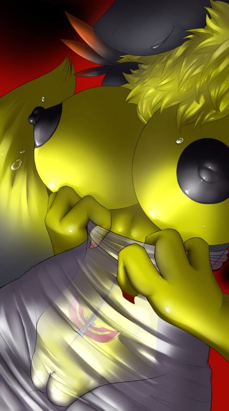 alternate_color anthro big_breasts big_nipples black_body black_fur black_lips black_nipples breasts claws close-up clothed clothing female fur genitals huge_breasts lips nipple_dip nipples partially_clothed pussy smile solo tight_clothing translucent translucent_clothing undressing yellow_body yellow_fur mirapony bandai_namco digimon fan_character renabastet canid canine digimon_(species) mammal renamon hi_res