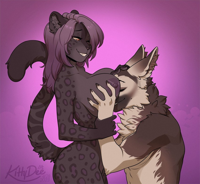 5_fingers anthro areola between_breasts biped breasts brown_body brown_fur duo eyes_closed face_between_breasts female female_anthro fingers fur hair headpat jaguar_spots larger_female looking_pleasured male male/female male_anthro nipples nude simple_background size_difference smaller_male smile tail tasteful_nudity kittydee jimmy_(simthelegend) katie_(simthelegend) canid canine canis domestic_dog felid feline german_shepherd herding_dog jaguar mammal pantherine pastoral_dog snow_leopard 2023 digital_media_(artwork)