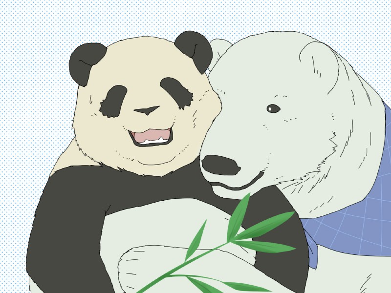 ambiguous_gender bamboo bamboo_stick blush cuddling duo feral hug kemono nuzzling overweight scarf kumao okatana shirokuma_cafe panda-kun shirokuma bear giant_panda mammal polar_bear ursine 4:3