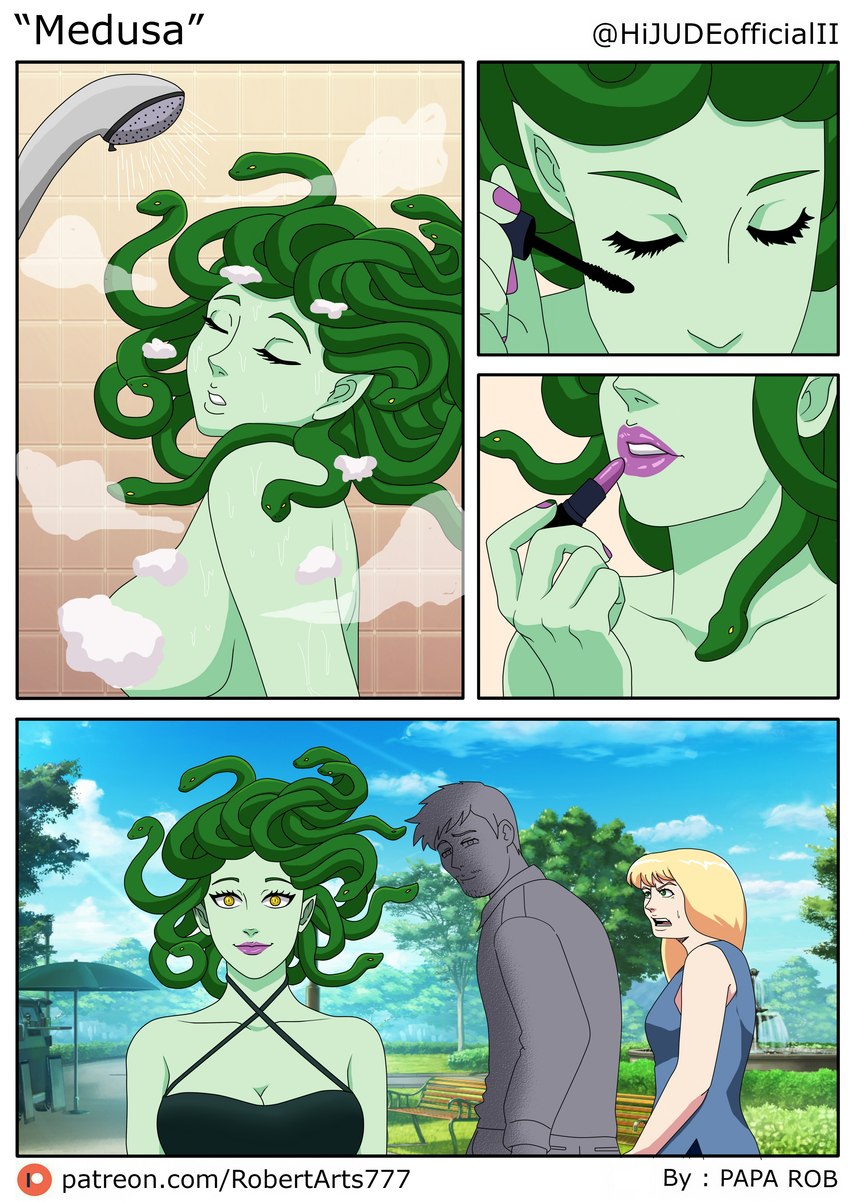 bathing blonde_hair blush breasts cleavage clothed clothing female hair humor lipstick living_hair makeup male not_furry nude pseudo_hair shirt showering snake_hair text topwear hi_jude distracted_boyfriend european_mythology greek_mythology mythology medusa gorgon human humanoid mammal reptile scalie snake absurd_res comic hi_res meme url