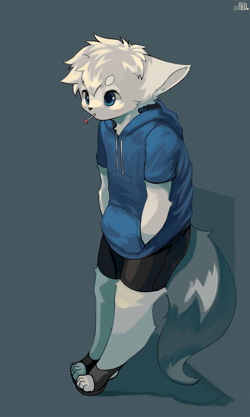 anthro blue_eyes bottomwear clothing food fur hair hoodie male popsicle popsicle_stick shorts solo spandex spandex_shorts standing tight_bottomwear tight_clothing tight_shorts topwear white_body white_fur white_hair young young_male arcticneu neu_(arcticneu) canid canine fox mammal 3:5 hi_res