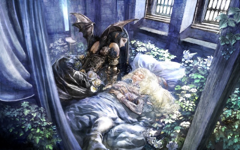 bat_wings bedding bed_sheet black_eyes black_hair blonde_hair claws clothing contrast dress duality duo eyes_closed fantasy female flower hair membrane_(anatomy) membranous_wings not_furry pillow plant rose_(flower) sleeping window wings nomoney_(pixiv) demon human mammal 16:10 digital_media_(artwork) wallpaper widescreen