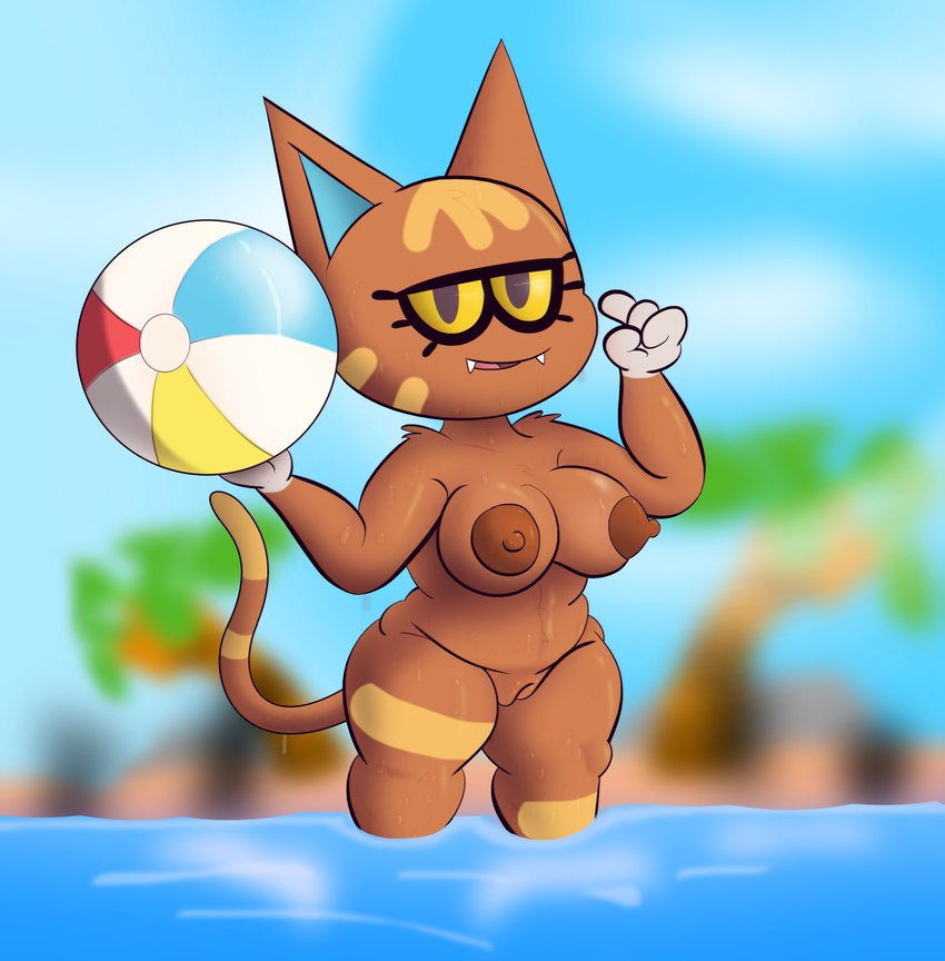 anthro ball beach_ball big_sister_villager breasts brown_nipples fangs female genitals inflatable nipples pussy solo teeth water wet fuzefurry animal_crossing nintendo katt_(animal_crossing) domestic_cat felid feline felis mammal absurd_res hi_res