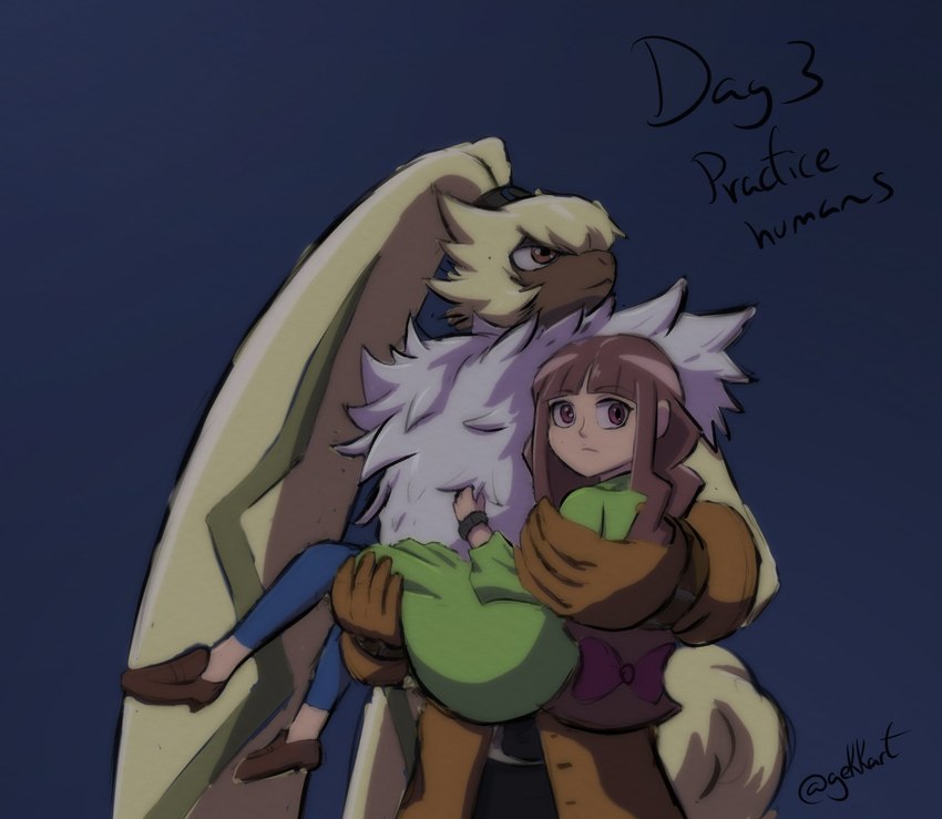 anthro bridal_carry brown_hair carrying_another curled_tail duo female fluffy_chest fur hair long_ears long_hair male orange_eyes ponytail_ears tail yellow_body yellow_fur gekkart bandai_namco digimon digimon_ghost_game ruri_tsukiyono digimon_(species) human lagomorph leporid mammal rabbit symbareangoramon hi_res