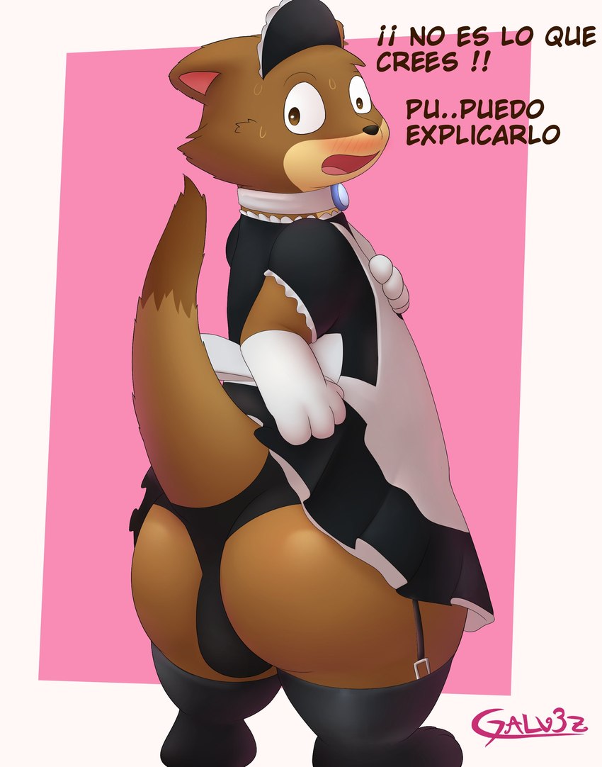 anthro black_clothing black_panties black_underwear blush border brown_body brown_fur bulge butt clothed clothing crossdressing embarrassed fur furgonomic_underwear furgonomics garter_straps gloves handwear legwear maid_headdress maid_uniform male male_anthro outside_border panties raised_tail tail text thigh_highs underwear uniform galv3z_(artist) joules_(galv3z) mammal mustelid musteline stoat true_musteline weasel 2022 absurd_res hi_res signature spanish_text translated