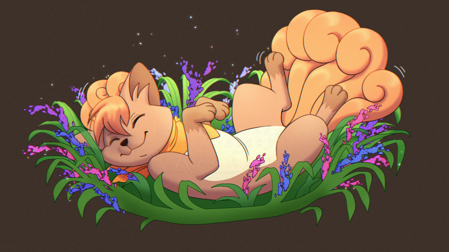 ambiguous_gender brown_body brown_fur countershading curling_tail eyes_closed feral flower fur gloves_(marking) grass leg_markings markings motion_lines motion_outline multi_tail plant socks_(marking) solo tail white_body white_countershading riches nintendo pokemon generation_1_pokemon pokemon_(species) vulpix 2025 absurd_res digital_media_(artwork) hi_res watermark