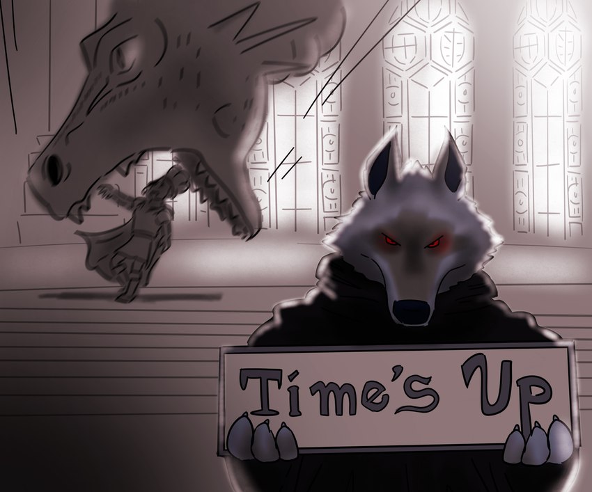 anthro claws extreme_size_difference female feral fur grey_body grey_fur group holding_object holding_sign humor imminent_death imminent_vore looking_at_viewer male open_mouth oral_vore red_eyes sign size_difference trio vore cocorock dreamworks mythology puss_in_boots_(franchise) shrek_(series) death_(puss_in_boots) dragon_(shrek) lord_farquaad canid canine canis dragon human mammal mythological_creature mythological_scalie scalie wolf 2023 hi_res