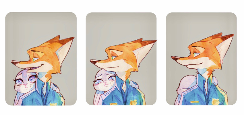 anthro clothed clothing duo fur grey_body grey_fur open_mouth open_smile orange_body orange_fur police police_uniform shirt smile topwear uniform strawberry628_(artist) disney zootopia judy_hopps nick_wilde canid canine fox lagomorph leporid mammal rabbit red_fox true_fox 2020 comic hi_res painting_(artwork) traditional_media_(artwork) watercolor_(artwork)