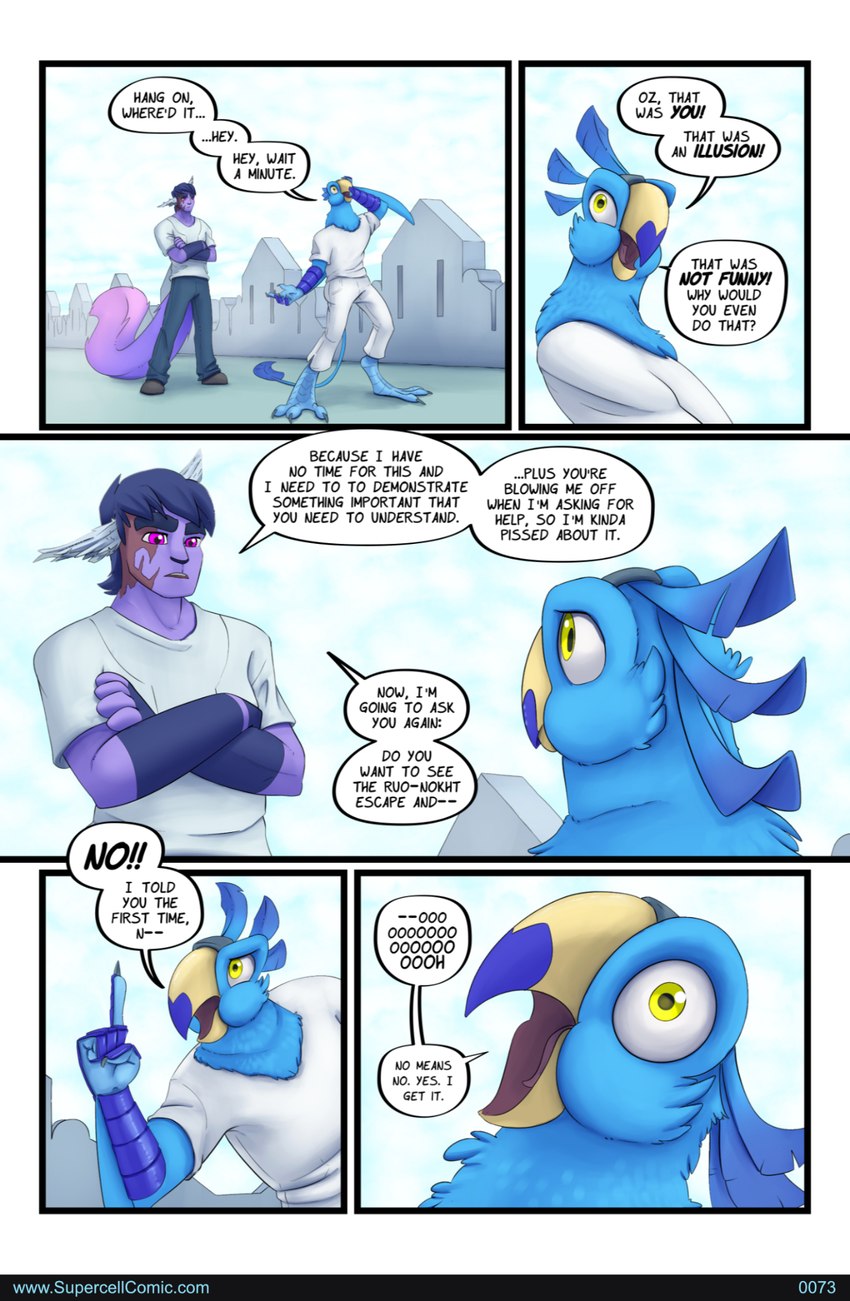 5_fingers anthro beak biped blue_body bottomwear clothed clothing dialogue dialogue_box duo fingers hair male open_mouth pants purple_body purple_hair shirt speech_bubble text topwear yellow_eyes bmbrice supercell_(comic) oz_(supercell) tazho_zhaze avian bird humanoid zeikauko colored comic english_text hi_res url