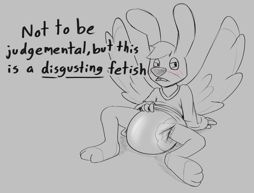 abdl blush clean_diaper clothed clothing dialogue diaper diaper_fetish simple_background wearing_diaper chaptude angel_hare the_east_patch angel_zaggy angel_hare_(the_east_patch) lagomorph leporid mammal rabbit 2024 hi_res sketch