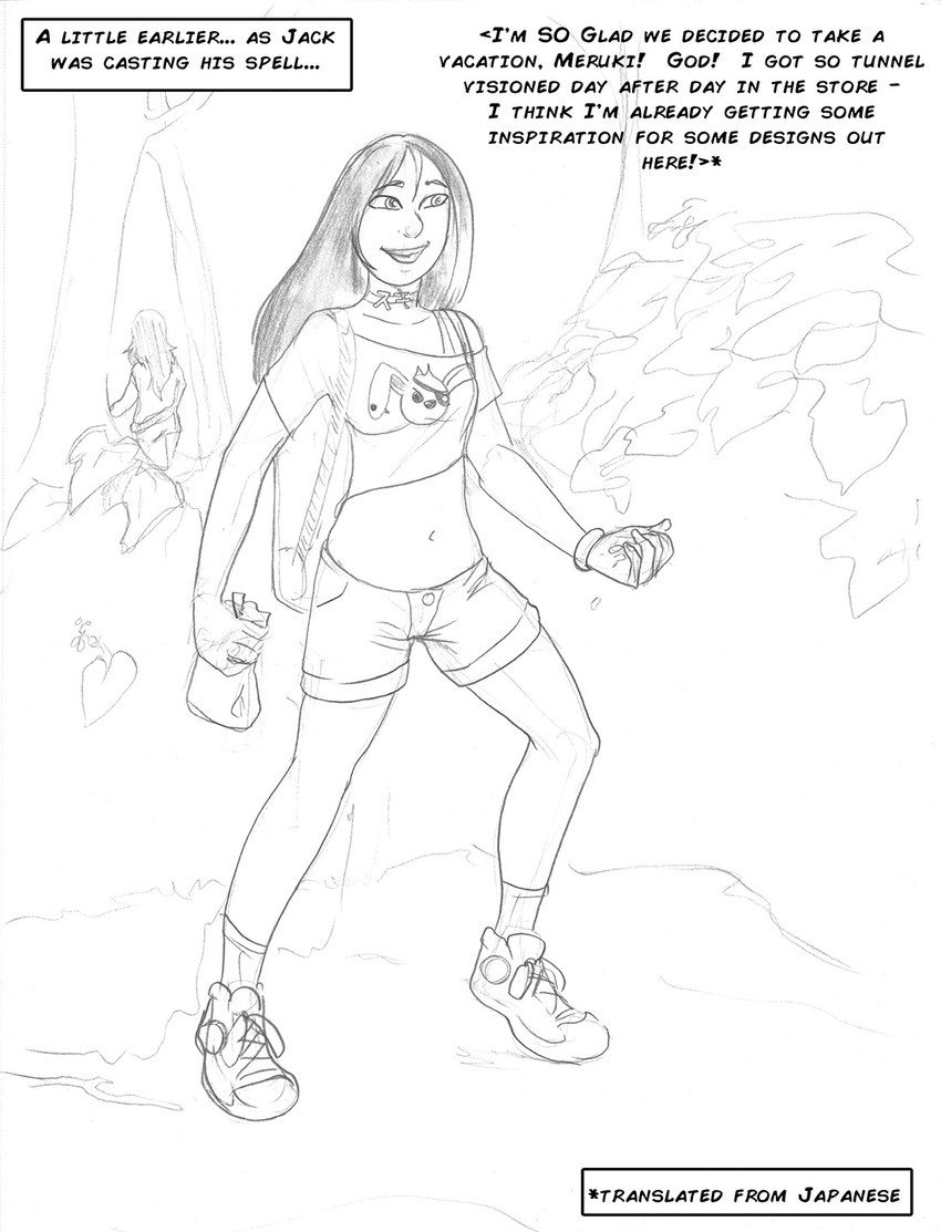 bottomwear breasts choker clothed clothing dialogue duo female footwear forest human_only jewelry midriff navel necklace not_furry outside plant shoes shorts text tree arania the_cabin_in_the_woods_(arania) suki_(tcitw) human mammal english_text hi_res monochrome