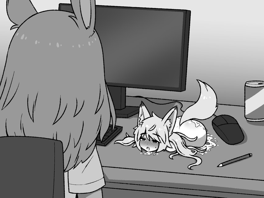 armless beverage_can blush bodily_fluids clothing computer_keyboard computer_mouse desk drooling duo female furniture hair legless nude on_desk pen saliva shirt size_difference table tail topwear inksgirls animal_humanoid canid canid_humanoid canine canine_humanoid fox_humanoid humanoid lagomorph lagomorph_humanoid leporid_humanoid living_onahole mammal mammal_humanoid rabbit_humanoid 2023 4:3 digital_media_(artwork) hi_res monochrome