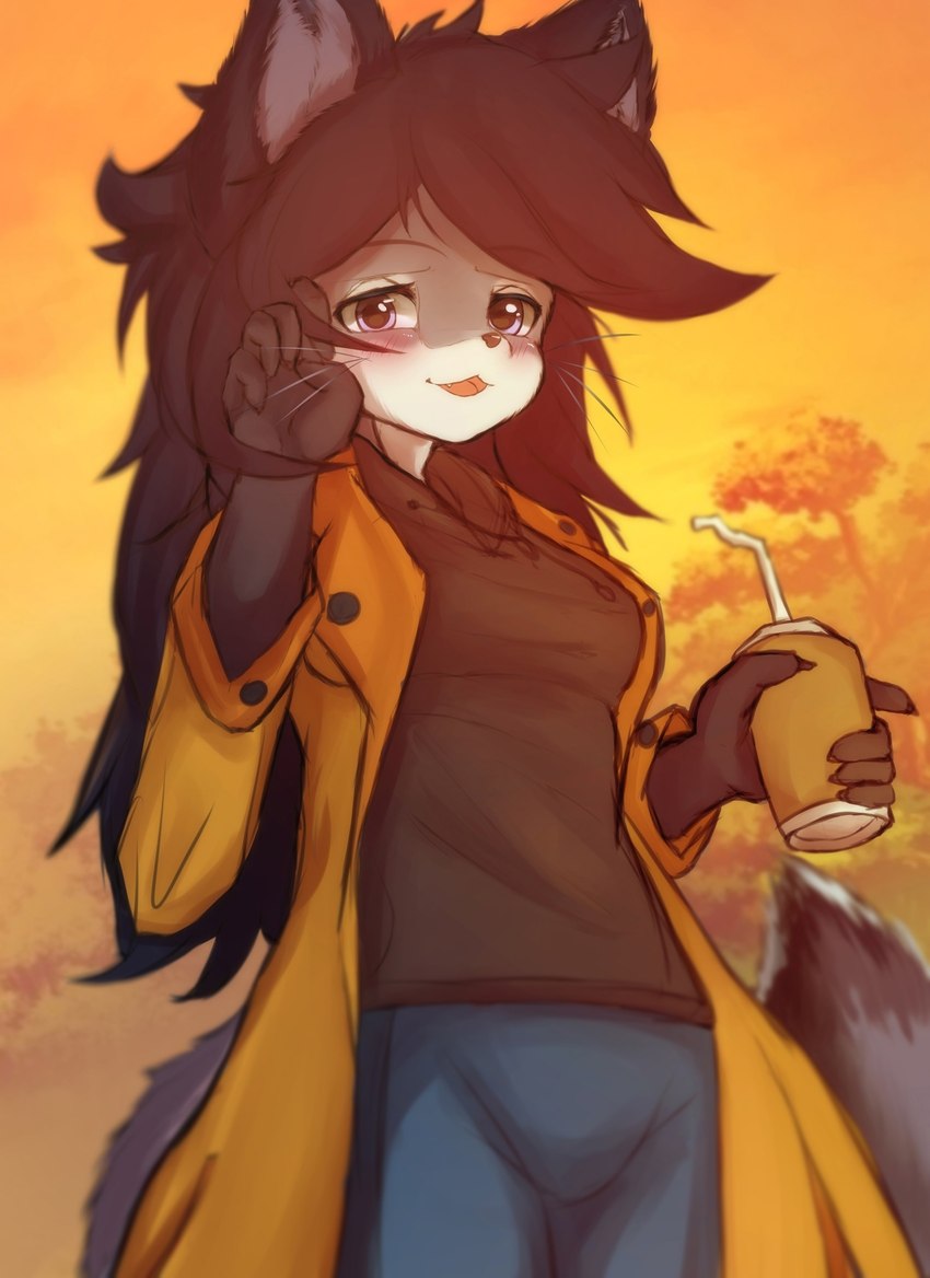 anthro beverage black_hair blush clothing coat coffee female female_anthro fluffy fluffy_tail fur hair open_mouth smile solo standing sunset tail topwear lilkon hioshiru_(character) enfield mammal hi_res