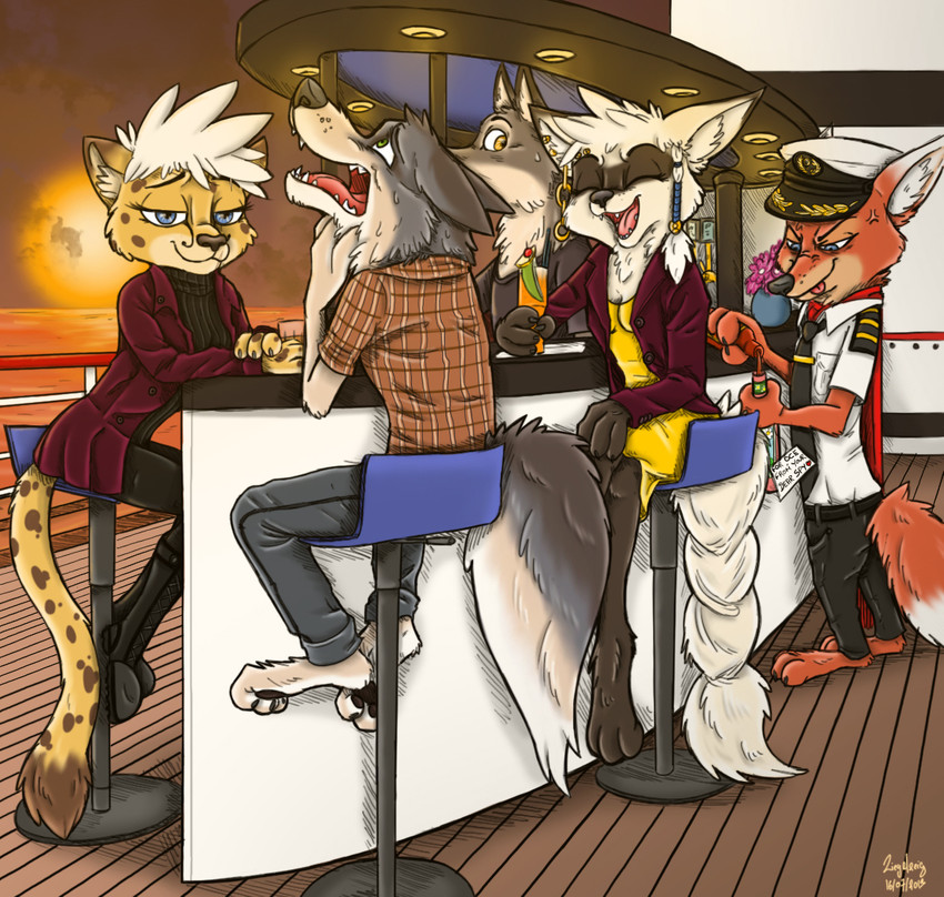 alcohol anthro bar beverage blue_eyes boat brown_body brown_fur cruise_ship ear_piercing eyebrow_piercing facial_piercing female fur grey_body grey_fur group male merchant_ship orange_body orange_fur passenger_ship piercing ship tan_body tan_fur vehicle watercraft yellow_body yellow_eyes yellow_fur ziegelzeig bad_guy_cafe angel_eyes khriss_wolffe michael_thompson wolfgang_jaeger_(readerno31142) ziegelzeig_zoona canid canine canis cheetah felid feline fox mammal wolf