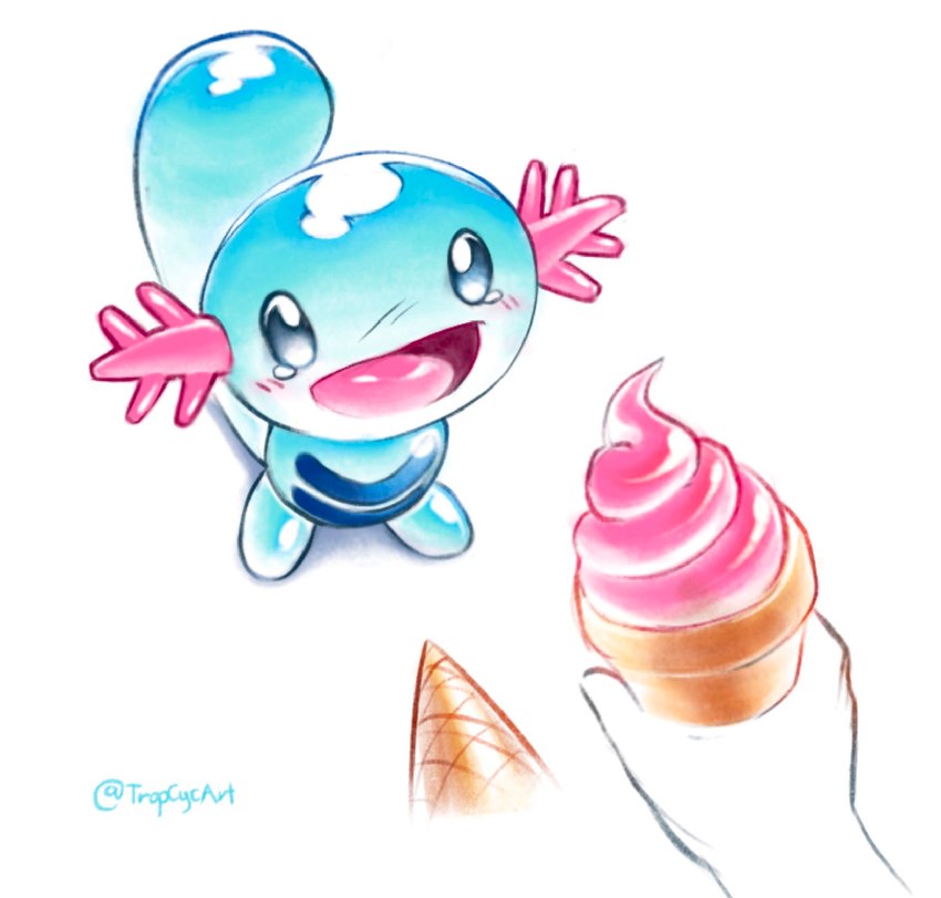 ambiguous_gender anthro biped blue_body blue_tail blush bodily_fluids dessert disembodied_hand duo food giving_food happy ice_cream ice_cream_cone looking_at_food looking_at_object multicolored_body open_mouth open_smile pink_tongue pink_whiskers shadow simple_background smile spilled_ice_cream standing tail tears tongue two_tone_body whiskers white_background tropicalcyclone nintendo pokemon generation_2_pokemon pokemon_(species) wooper 2023 colored digital_drawing_(artwork) digital_media_(artwork) english_description hi_res