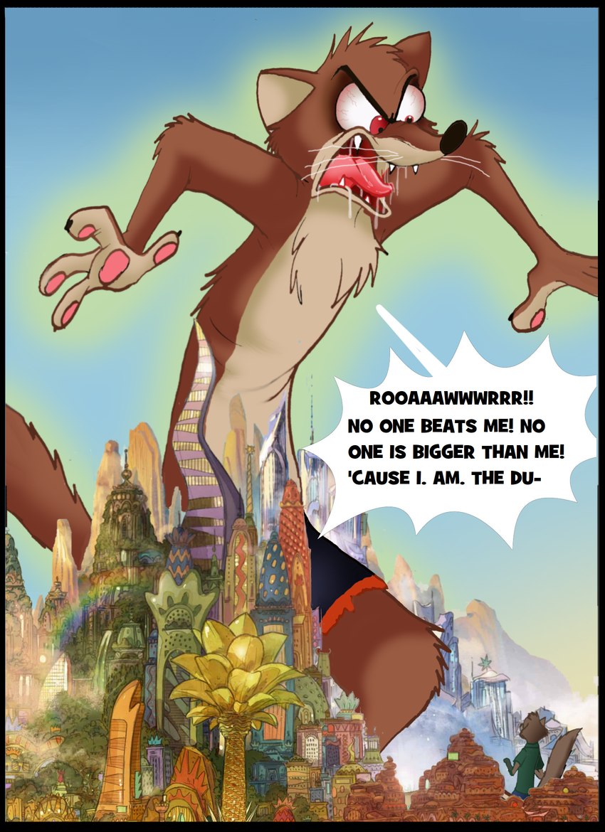 angry anthro black_border bodily_fluids border drooling duo growth macro macro_anthro macro_male male saliva text fairytalesartist disney zootopia duke_weaselton mammal mustelid musteline rodent sciurid tree_squirrel true_musteline weasel 2024 comic english_text hi_res