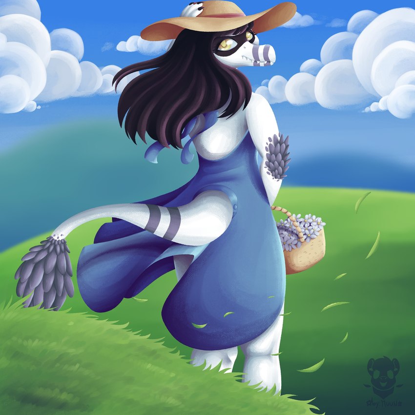 anthro biped black_body black_hair black_scales blue_clothing blue_dress clothed clothed_anthro clothed_female clothing cloud day dress elbow_feathers feathered_tail feathers female field fingers furgonomics grass grey_body grey_feathers grey_scales hair hat head_turned headgear headwear holding_object humanoid_hands logo long_hair looking_at_viewer looking_back markings multicolored_body multicolored_scales outside plant rear_view scales solo standing striped_markings stripes sun_hat tail text white_body white_scales wind yellow_eyes by:_muun cavemanon_studios i_wani_hug_that_gator lunara_(iwhtg) bambiraptor dinosaur dromaeosaurid prehistoric_species reptile scalie theropod 1:1 2025 absurd_res artist_logo artist_name hi_res