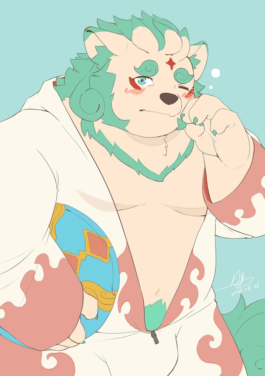 anthro belly blush clothing eyebrows fur male moobs navel overweight pajamas pubes solo thick_eyebrows tired white_body white_fur jmeo1230 asian_mythology east_asian_mythology japanese_mythology lifewonders mythology tokyo_afterschool_summoners agyo_(tas) foo_dog komainu mammal yokai hi_res