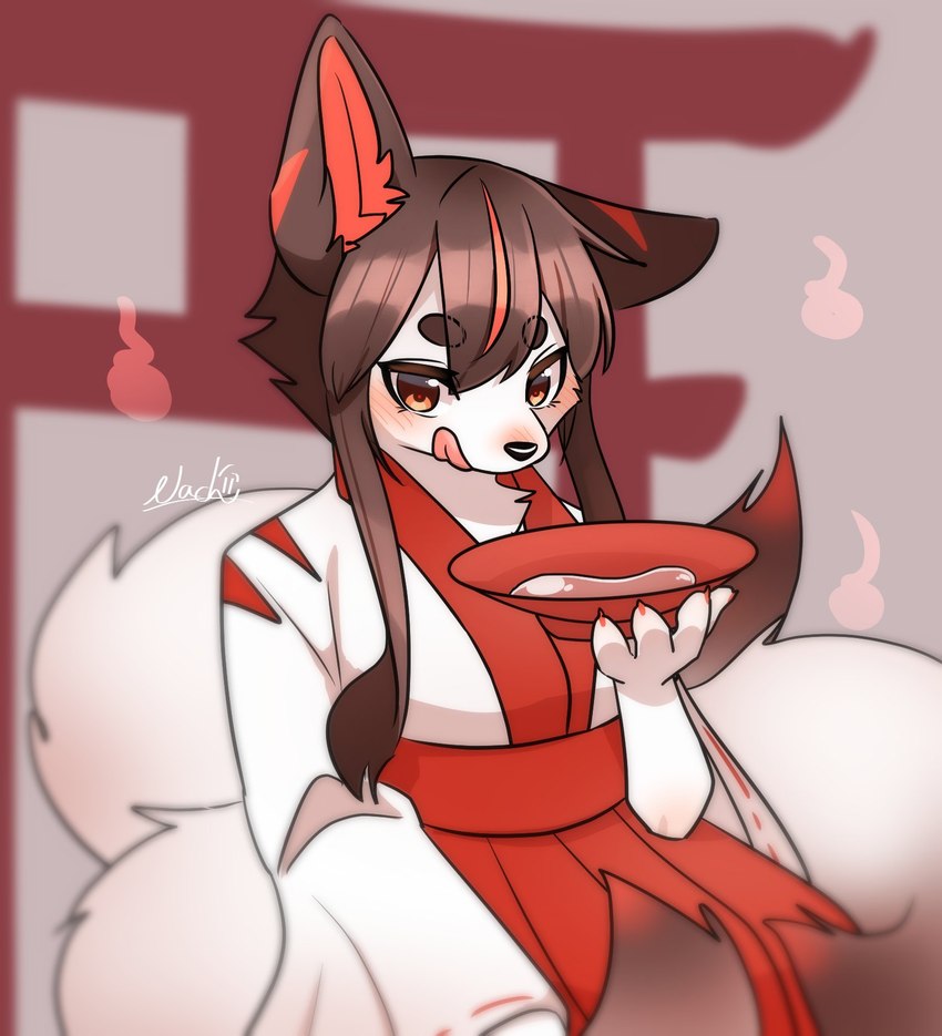 4_fingers anthro asian_clothing blush brown_hair clothed clothing ear_tuft east_asian_clothing female female_anthro fingers fluffy fluffy_tail fully_clothed fur hair japanese_clothing kemono kimono long_hair multi_tail orange_eyes shrine snout solo tail tongue tongue_out tuft white_body white_fur nachiwanko canid canine fox mammal 2021 hi_res