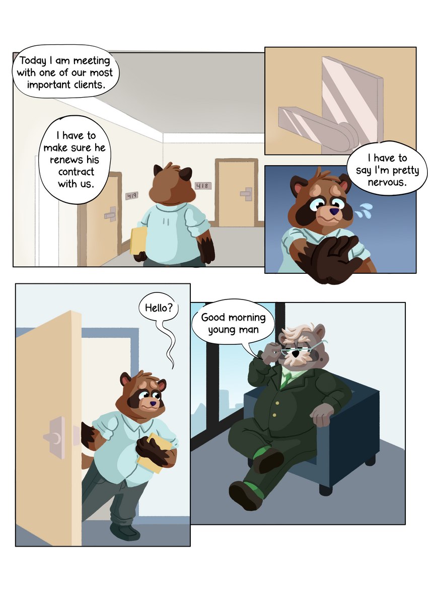 anthro brown_body brown_fur clothed clothing dialogue duo eyewear fur glasses greeting male necktie office overweight overweight_male simple_background suit text sibluself mr._ishizaki siblu canid canine mammal procyonid raccoon raccoon_dog tanuki absurd_res comic digital_media_(artwork) english_text hi_res