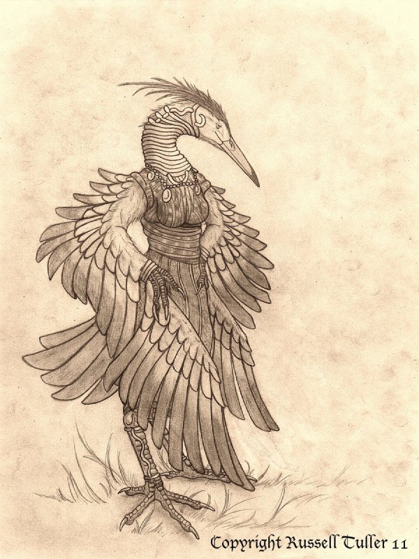 anthro beak biped feathered_wings feathers female scan solo standing tribal winged_arms wings russell_tuller avian bird heron pelecaniform 2011 3:4 hi_res monochrome traditional_media_(artwork)